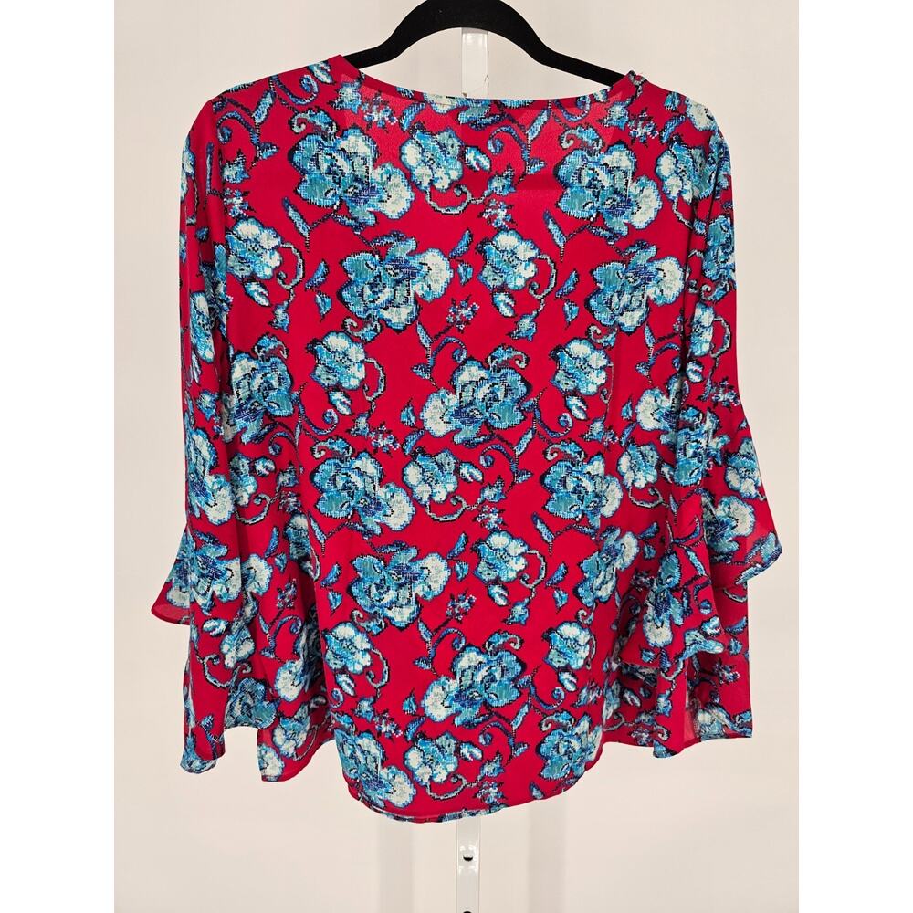 Pioneer Woman Womens Sz L Cascade Caplet Ruffle Blouse Red Blue Floral - Picture 4 of 4